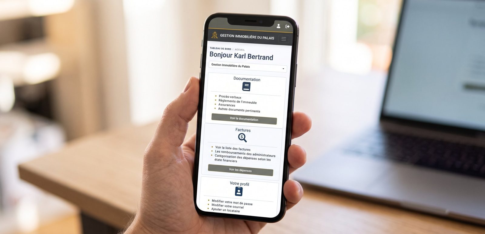 Tableau de bord de la plateforme sur un téléphone : documentation, factures et profil