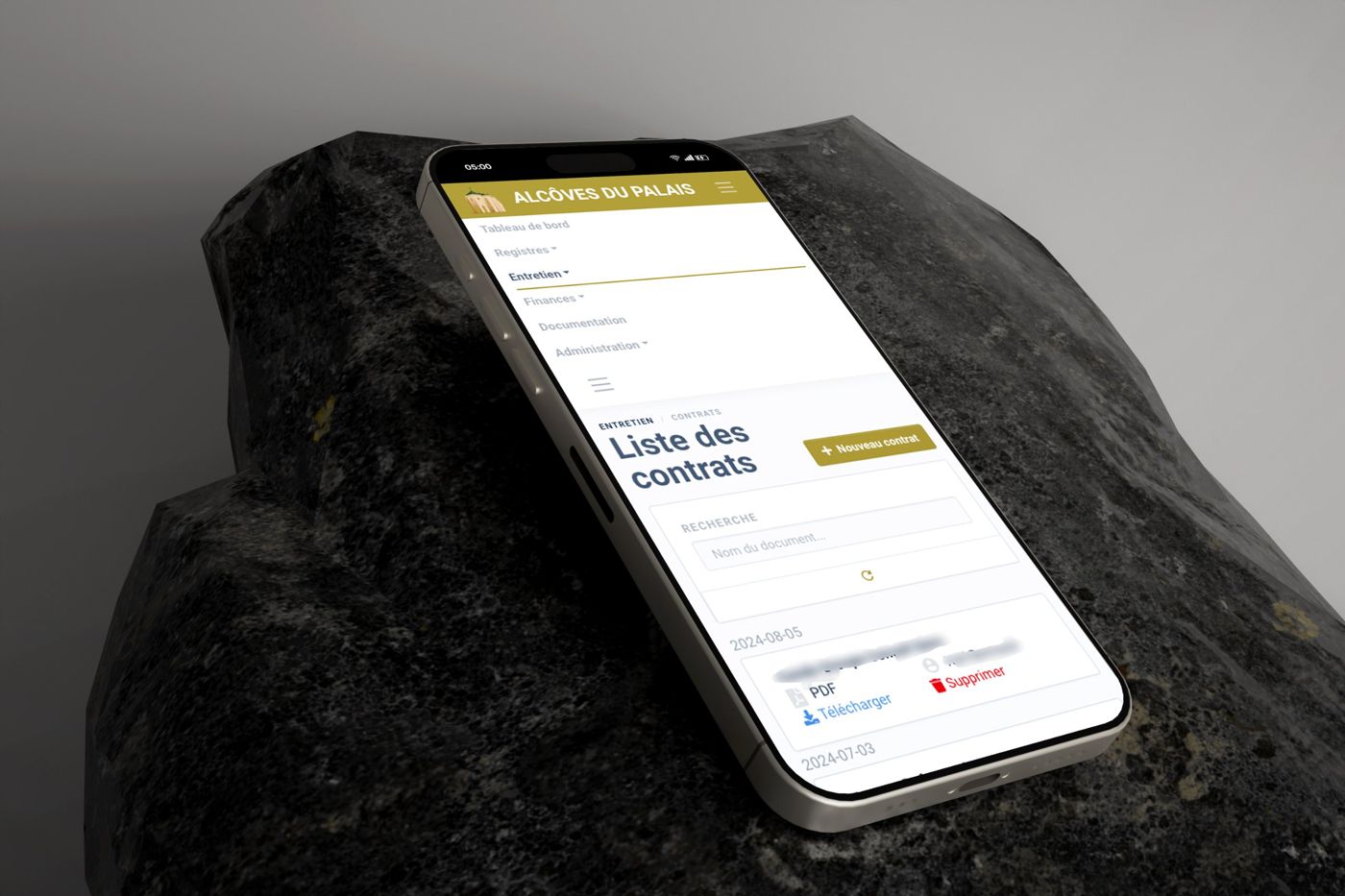 Application Alcôves du Palais sur un téléphone, page Liste des contrats